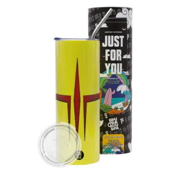 Quake 3 arena, Neon Yellow Travel Tumbler θερμό, μεταλλικό καλαμάκι(Ανωξείδωτο 304 Food grade, BPA free, 600ml)