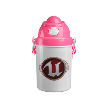 Unreal, Ροζ παιδικό παγούρι πλαστικό (BPA-FREE) με καπάκι ασφαλείας, κορδόνι και καλαμάκι, 400ml