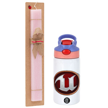 Unreal, Easter Set, Children's thermal stainless steel water bottle with safety straw, pink/purple (350ml) & Easter scented flat candle (30cm) (PINK)