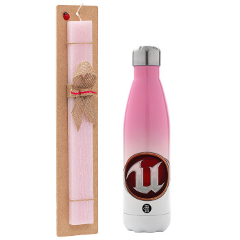 Unreal, Easter Set, Metallic pink/white (Stainless steel) thermos, double-walled, 500ml & aromatic flat Easter candle (30cm) (PINK)