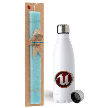 Unreal, Easter Set, metallic stainless steel water bottle (750ml) & aromatic flat Easter candle (30cm) (TURQUOISE)