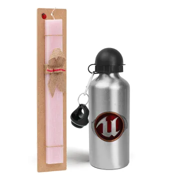 Unreal, Easter Set, metallic Silver aluminum water bottle (500ml) & scented flat Easter candle (30cm) (PINK)