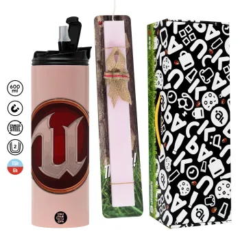 Unreal, Easter candle,Travel Tumbler 2 Lids, with metal straw & cleaning brush & aromatic flat candle (30cm) (PINK)
