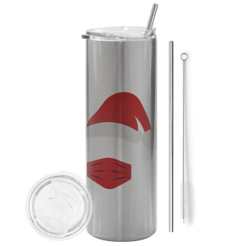 Santa ware a mask, Eco friendly stainless steel Silver tumbler 600ml, with metal straw & cleaning brush
