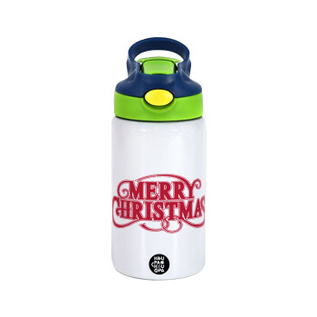 Merry Christmas classical, Children's hot water bottle, stainless steel, with safety straw, green, blue (350ml)
