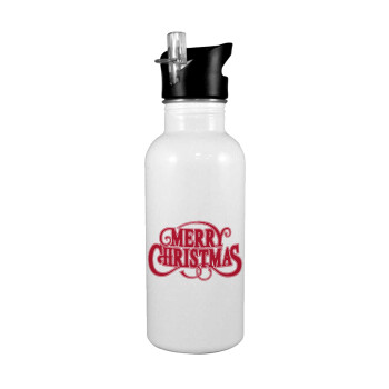 Merry Christmas classical, White water bottle with straw, stainless steel 600ml