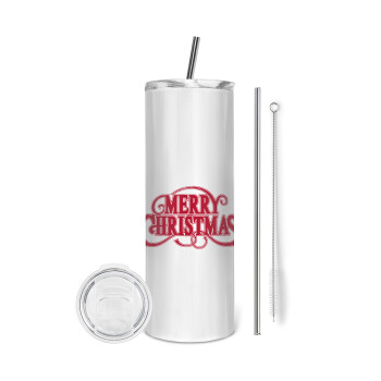Merry Christmas classical, Eco friendly stainless steel tumbler 600ml, with metal straw & cleaning brush