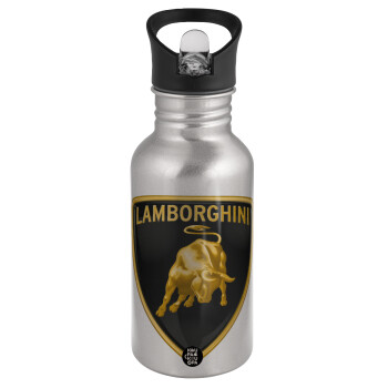 Lamborghini, Water bottle Silver with straw, stainless steel 500ml