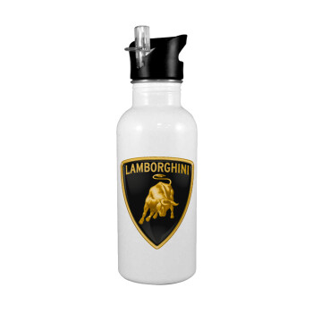 Lamborghini, White water bottle with straw, stainless steel 600ml