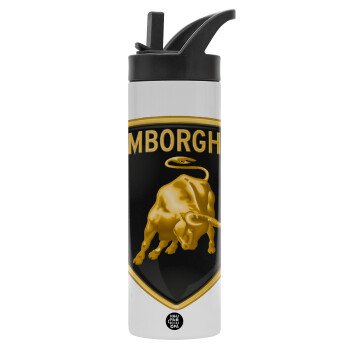Lamborghini, Μεταλλικό παγούρι θερμός με καλαμάκι & χειρολαβή, ανοξείδωτο ατσάλι (Stainless steel 304), διπλού τοιχώματος, 600ml