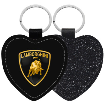 Lamborghini, Μπρελόκ PU δερμάτινο glitter καρδιά ΜΑΥΡΟ