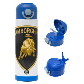 Lamborghini, Children's hot water bottle, stainless steel, with safety straw, BLUE (500ml)