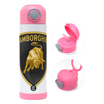 Lamborghini, Children's hot water bottle, stainless steel, with safety straw, PINK (500ml)