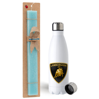 Lamborghini, Easter Set, metallic stainless steel water bottle (750ml) & aromatic flat Easter candle (30cm) (TURQUOISE)