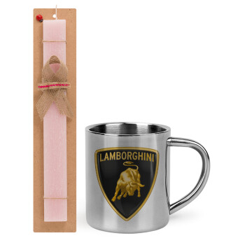 Lamborghini, Easter Set, metallic thermal cup (300ml) & aromatic flat Easter candle (30cm) (PINK)