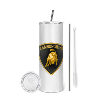 Lamborghini, Tumbler ποτήρι θερμό από ανοξείδωτο ατσάλι 600ml, με μεταλλικό καλαμάκι & βούρτσα καθαρισμού