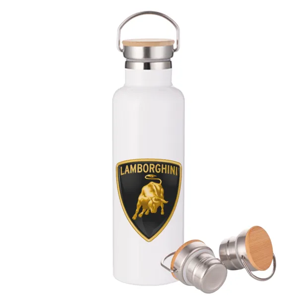 Lamborghini — Μεταλλικό παγούρι θερμός (Stainless steel) Λευκό με ξύλινο καπάκι (bamboo), διπλού τοιχώματος, 750ml