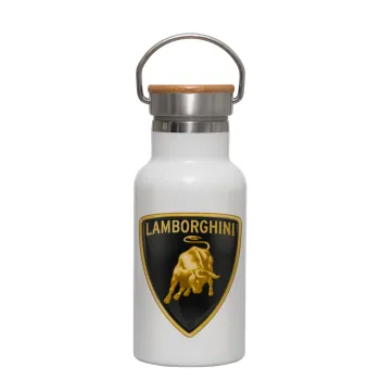 Lamborghini, Metallic thermos (Stainless steel) White with wooden lid (bamboo), double-walled, 350ml