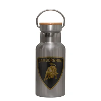 Lamborghini, Μεταλλικό παγούρι θερμός (Stainless steel) Ασημένιο με ξύλινο καπακι (bamboo), διπλού τοιχώματος, 350ml
