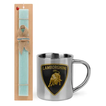 Lamborghini, Easter Set, metallic thermal cup (300ml) & aromatic flat Easter candle (30cm) (TURQUOISE)