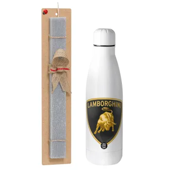 Lamborghini, Easter Set, metallic stainless thermos bottle (500ml) & scented flat Easter candle (30cm) (GRAY)