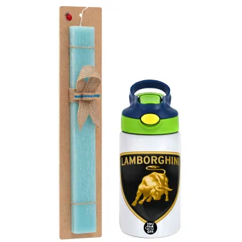 Lamborghini, Easter Set, Children's thermal stainless steel bottle with safety straw, green/blue (350ml) & aromatic flat Easter candle (30cm) (TURQUOISE)