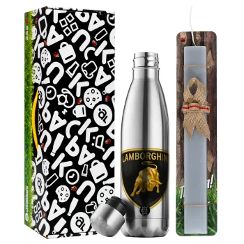 Lamborghini, Easter Set, metallic stainless thermos flask (500ml) & scented flat Easter candle (30cm) (GRAY)