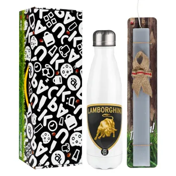 Lamborghini, Easter candle, metallic white thermos bottle (500ml) & aromatic flat candle (30cm) (GRAY)