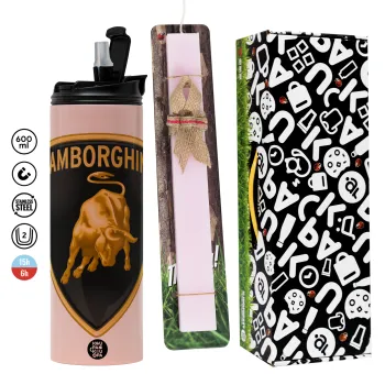 Lamborghini, Πασχαλινή Λαμπάδα με  ΡΟΖ Travel Tumbler θερμό (600ml, BPA free) & κερί αρωματικό πλακέ (30cm) (ΡΟΖ)