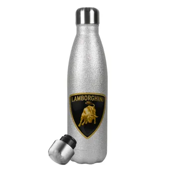 Lamborghini, Μεταλλικό παγούρι θερμός Glitter Aσημένιο (Stainless steel), διπλού τοιχώματος, 500ml