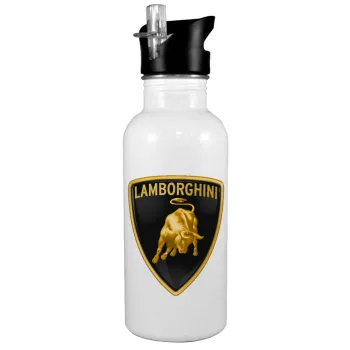 Lamborghini, White water bottle with straw, stainless steel 600ml