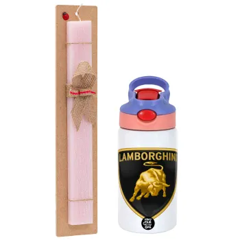 Lamborghini, Easter Set, Children's thermal stainless steel water bottle with safety straw, pink/purple (350ml) & Easter scented flat candle (30cm) (PINK)