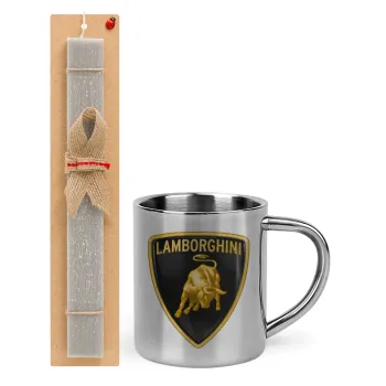 Lamborghini, Easter Set, metallic thermal cup (300ml) & Easter aromatic flat candle (30cm) (GRAY)
