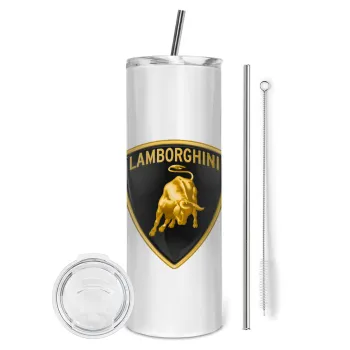 Lamborghini, Tumbler ποτήρι θερμό από ανοξείδωτο ατσάλι 600ml, με μεταλλικό καλαμάκι & βούρτσα καθαρισμού