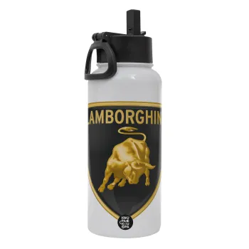 Lamborghini, Μεταλλικό παγούρι θερμός Λευκό με καλαμάκι και χερούλι (Stainless steel), διπλού τοιχώματος, 950ml