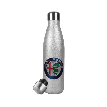 Alfa Romeo, Μεταλλικό παγούρι θερμός Glitter Aσημένιο (Stainless steel), διπλού τοιχώματος, 500ml