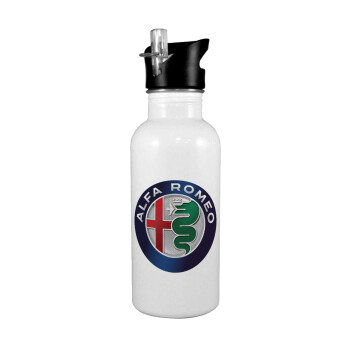 Alfa Romeo, White water bottle with straw, stainless steel 600ml