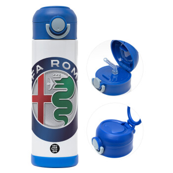 Alfa Romeo, Children's hot water bottle, stainless steel, with safety straw, BLUE (500ml)