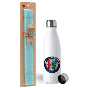 Alfa Romeo, Easter Set, metallic stainless steel water bottle (750ml) & aromatic flat Easter candle (30cm) (TURQUOISE)
