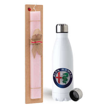 Alfa Romeo, Easter Set, metallic stainless steel water bottle (750ml) & scented flat Easter candle (30cm) (PINK)