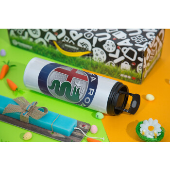 Alfa Romeo, Easter candle,Travel Tumbler 2 Lids, with metal straw & cleaning brush & aromatic flat candle (30cm) (BLUE)