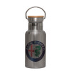 Stainless steel metallic thermos flask, silver with a bamboo lid, double-walled, 350ml.