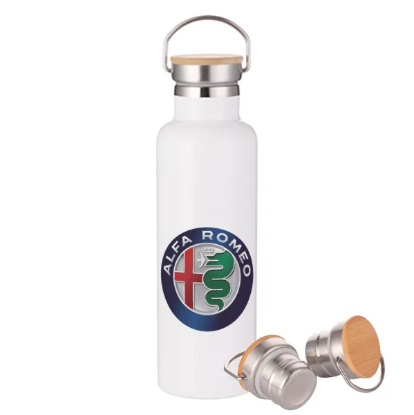 Alfa Romeo — Μεταλλικό παγούρι θερμός (Stainless steel) Λευκό με ξύλινο καπάκι (bamboo), διπλού τοιχώματος, 750ml