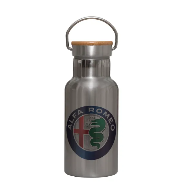Alfa Romeo — Stainless steel metallic thermos flask, silver with a bamboo lid, double-walled, 350ml.