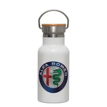 Alfa Romeo, Metallic thermos (Stainless steel) White with wooden lid (bamboo), double-walled, 350ml