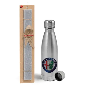 Alfa Romeo, Easter Set, metallic Inox water bottle (750ml) & aromatic flat Easter candle (30cm) (GRAY)