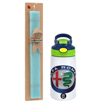 Alfa Romeo, Easter Set, Children's thermal stainless steel bottle with safety straw, green/blue (350ml) & aromatic flat Easter candle (30cm) (TURQUOISE)