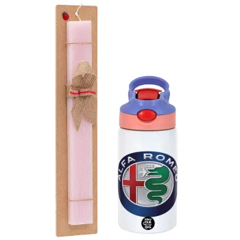 Alfa Romeo, Easter Set, Children's thermal stainless steel water bottle with safety straw, pink/purple (350ml) & Easter scented flat candle (30cm) (PINK)