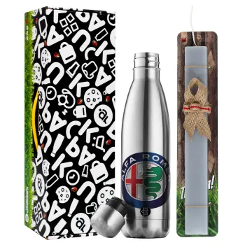 Alfa Romeo, Easter Set, metallic stainless thermos flask (500ml) & scented flat Easter candle (30cm) (GRAY)