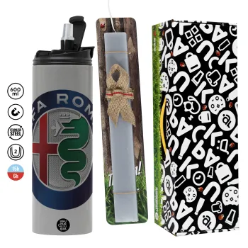 Alfa Romeo, Πασχαλινή Λαμπάδα με Travel Tumbler θερμό (600ml, BPA free) & κερί αρωματικό πλακέ (30cm) (ΓΚΡΙ)